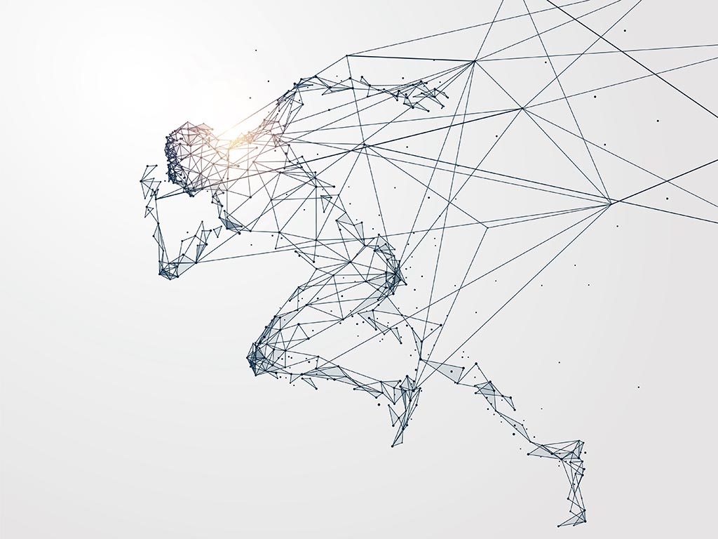 Digital line art illustration of a running human figure, abstract minimalistic design representing health, wellness, and vitality, suitable for a wellness clinic specializing in holistic therapies.