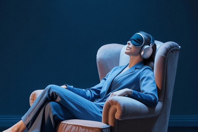 Relaxing woman wearing VR headset at wellness clinic for stress relief and mental wellness services in MA.