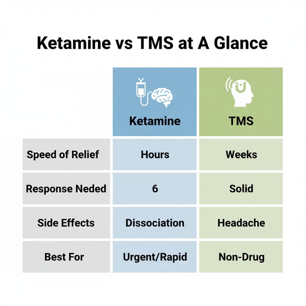 Ketamine vs TMS at a glance. Comparison of two treatments for mentalh health infographic
