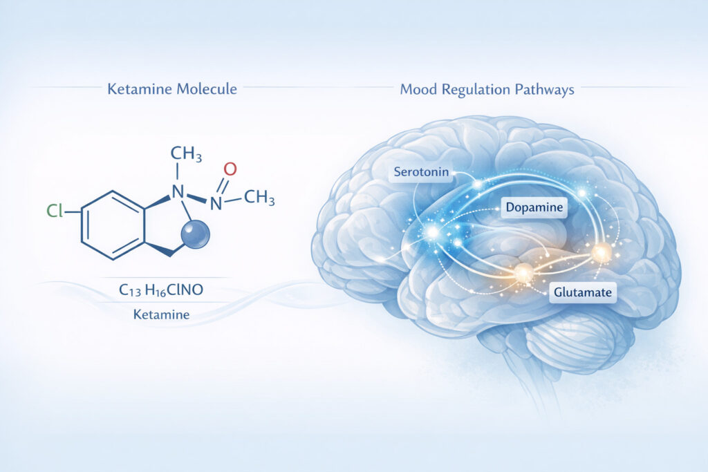 Scientific illustration of ketamine molecular structure and brain neural pathways related to postpartum depression ketamine therapy


