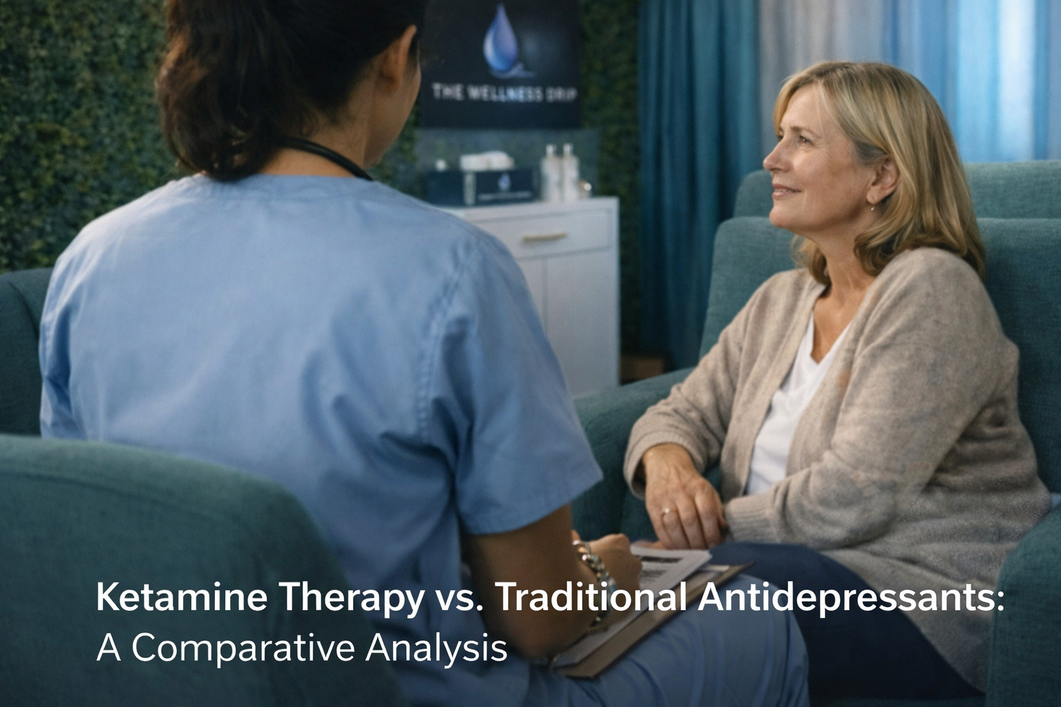 A woman in a softly lit therapy room reflecting on treatment options, illustrating Ketamine Therapy vs. Antidepressants in depression care