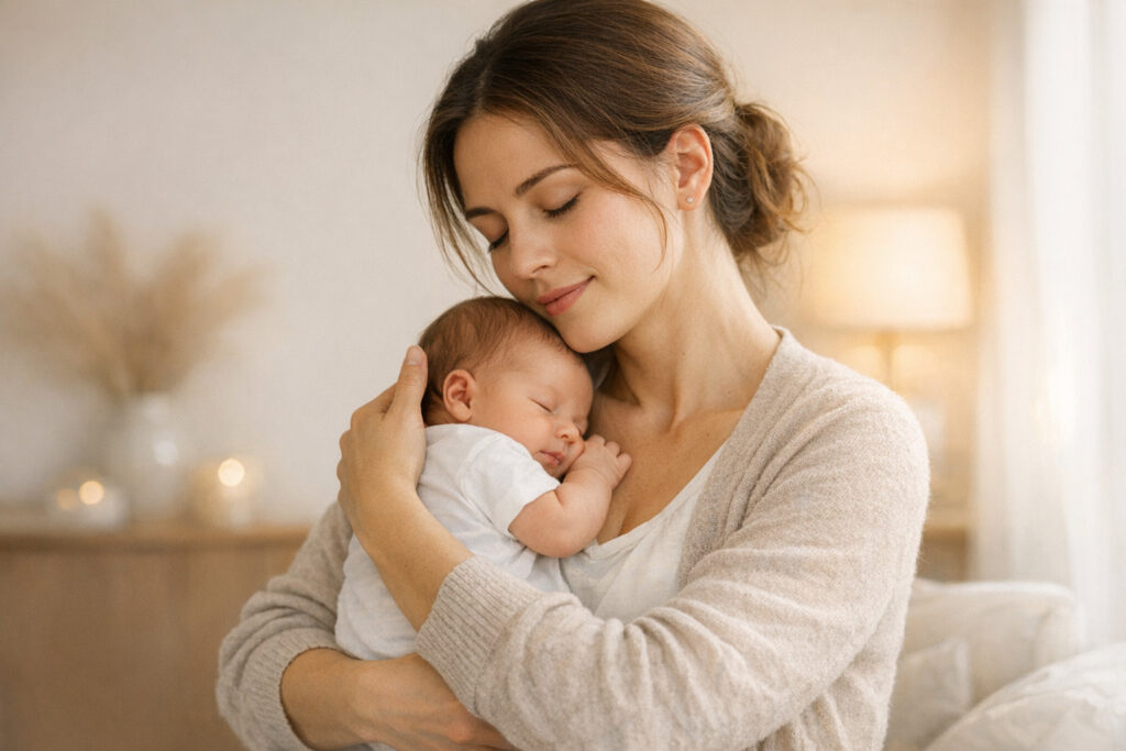 A young mother holding her newborn baby in a calm home setting, symbolizing hope and care in postpartum depression ketamine therapy

