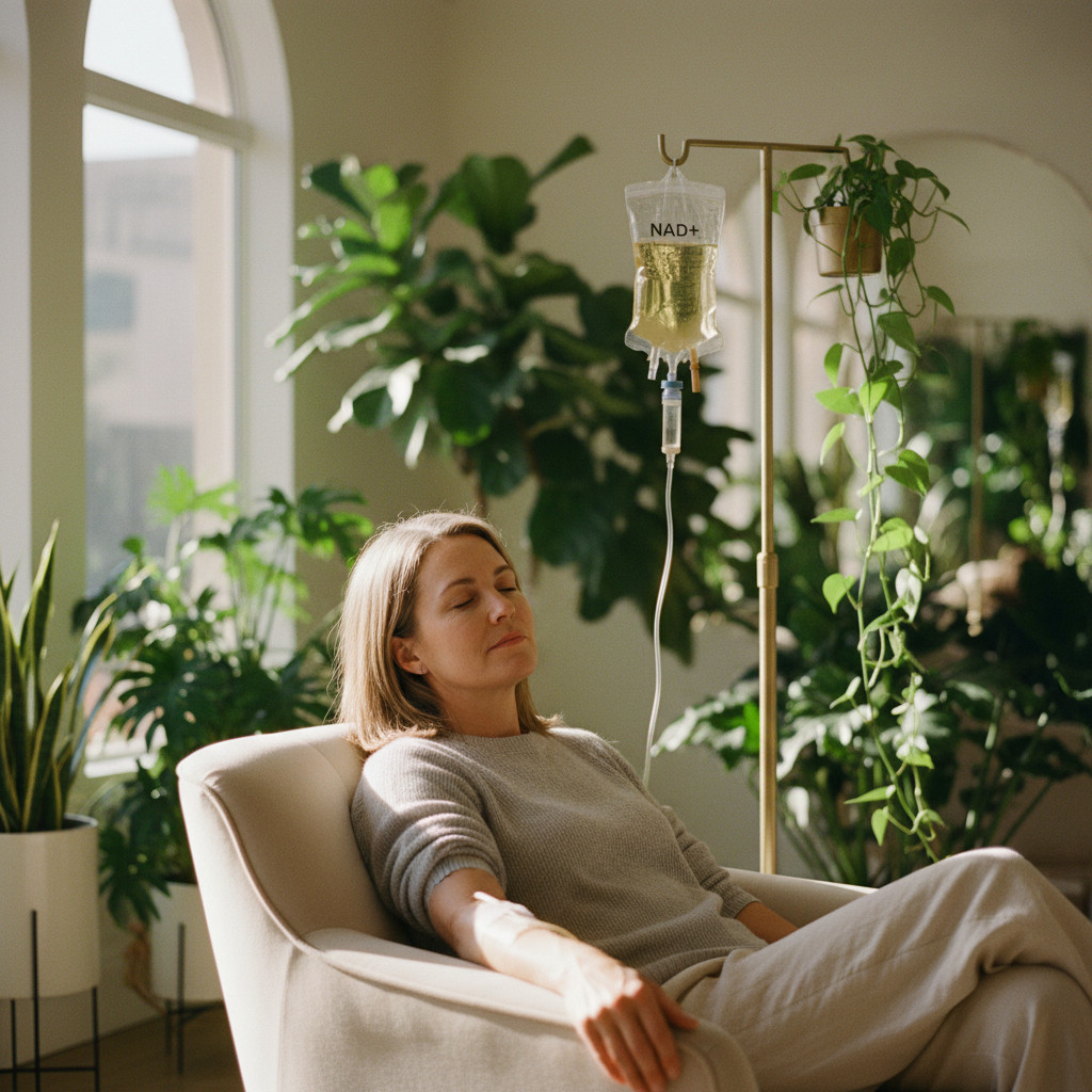 Woman relaxing during an NAD plus IV drip in a calm wellness studio