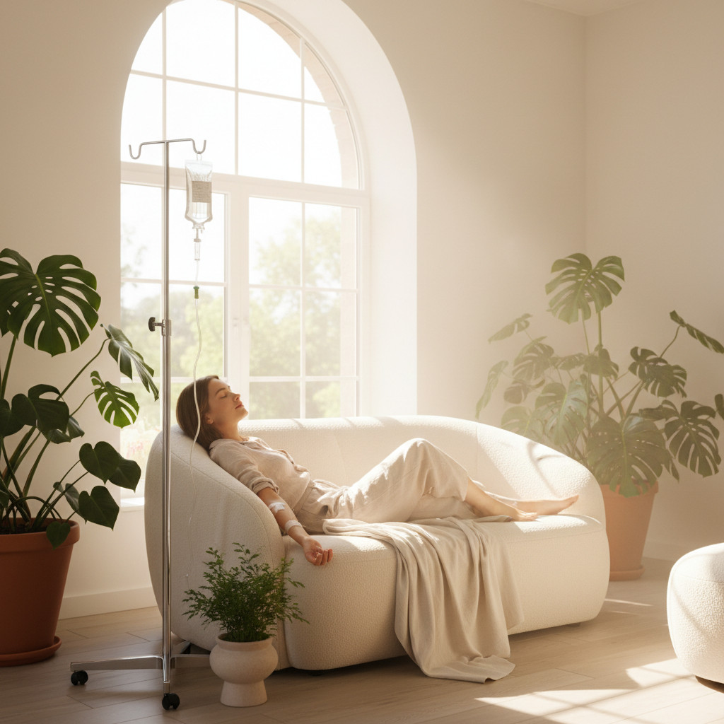 Woman receiving an IV hydration drip by a sunny window