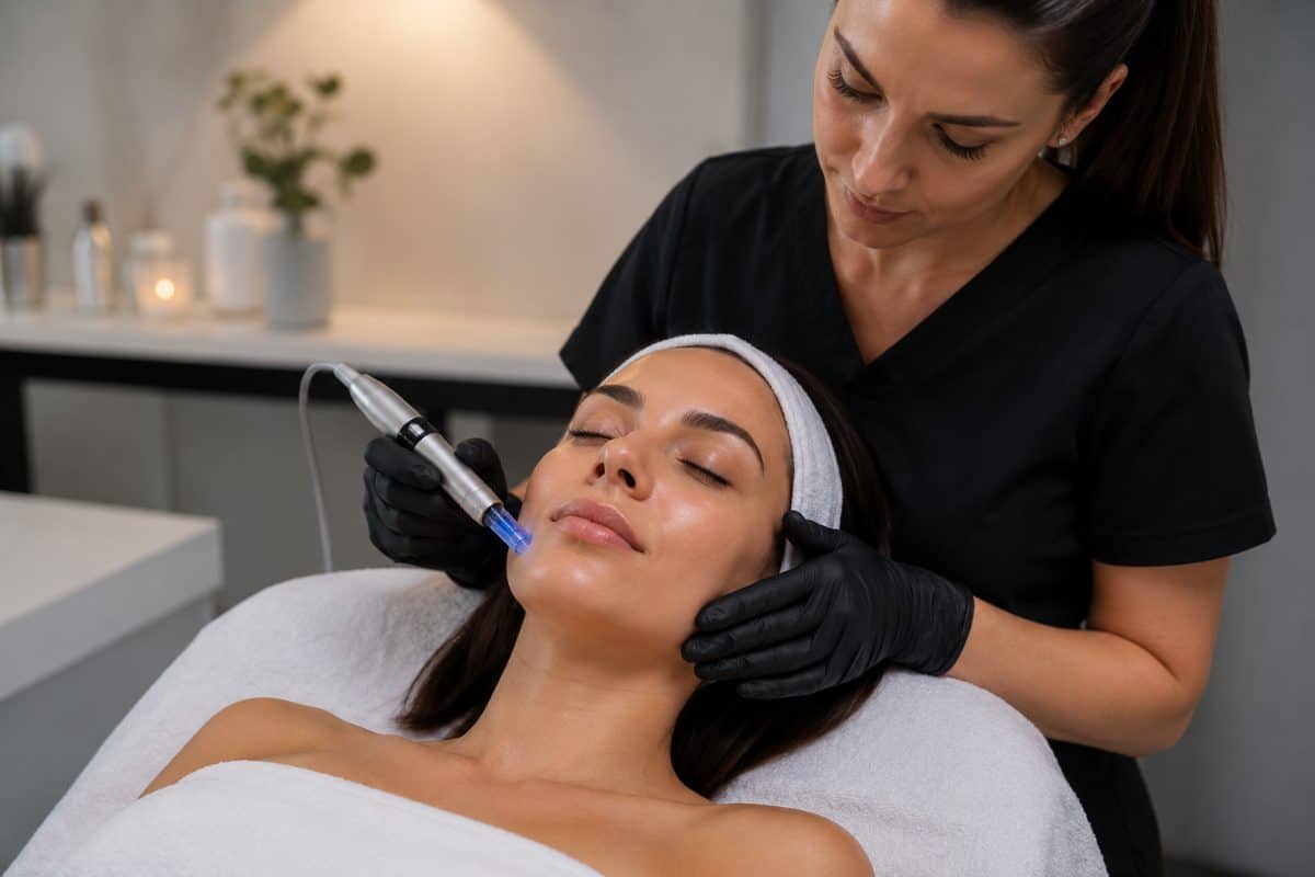 A woman receiving a facial treatment with a medical professional using a syringe in a wellness clinic setting in MA.