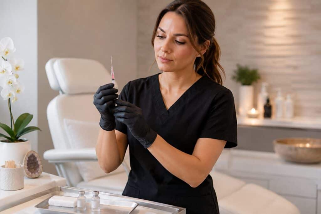 A healthcare professional in black scrubs and gloves preparing a syringe for a wellness treatment at The Wellness Drip INC clinic in MA.