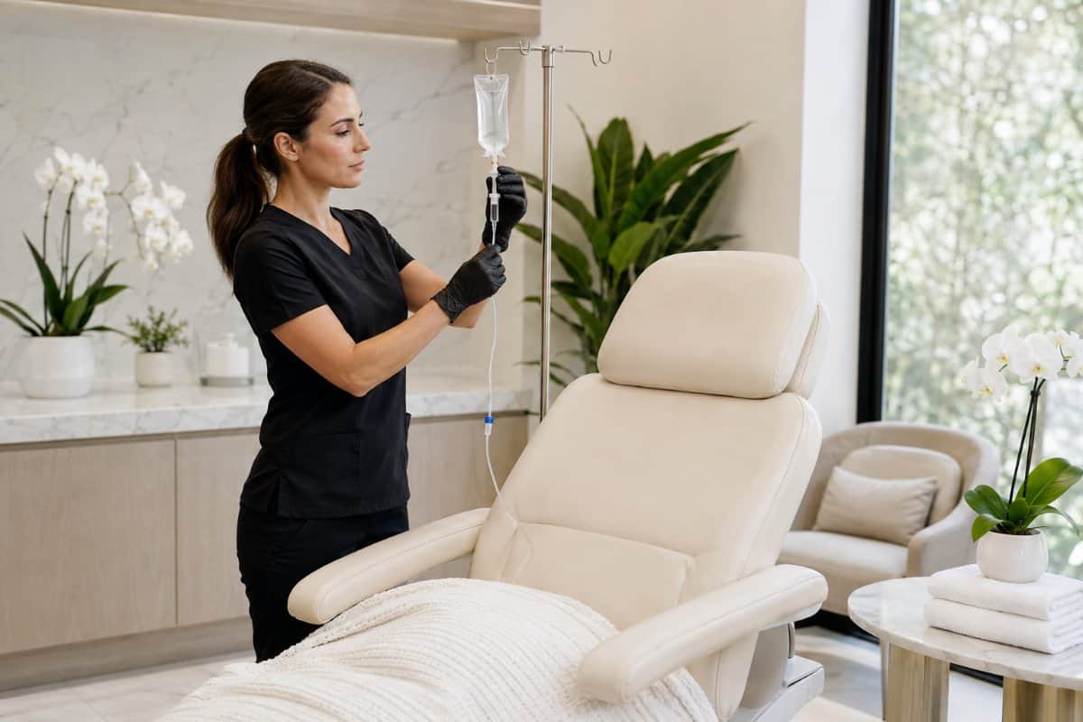 A healthcare professional prepares an IV infusion in a modern wellness clinic, offering IV therapy for health and wellness in Holyoke, MA.