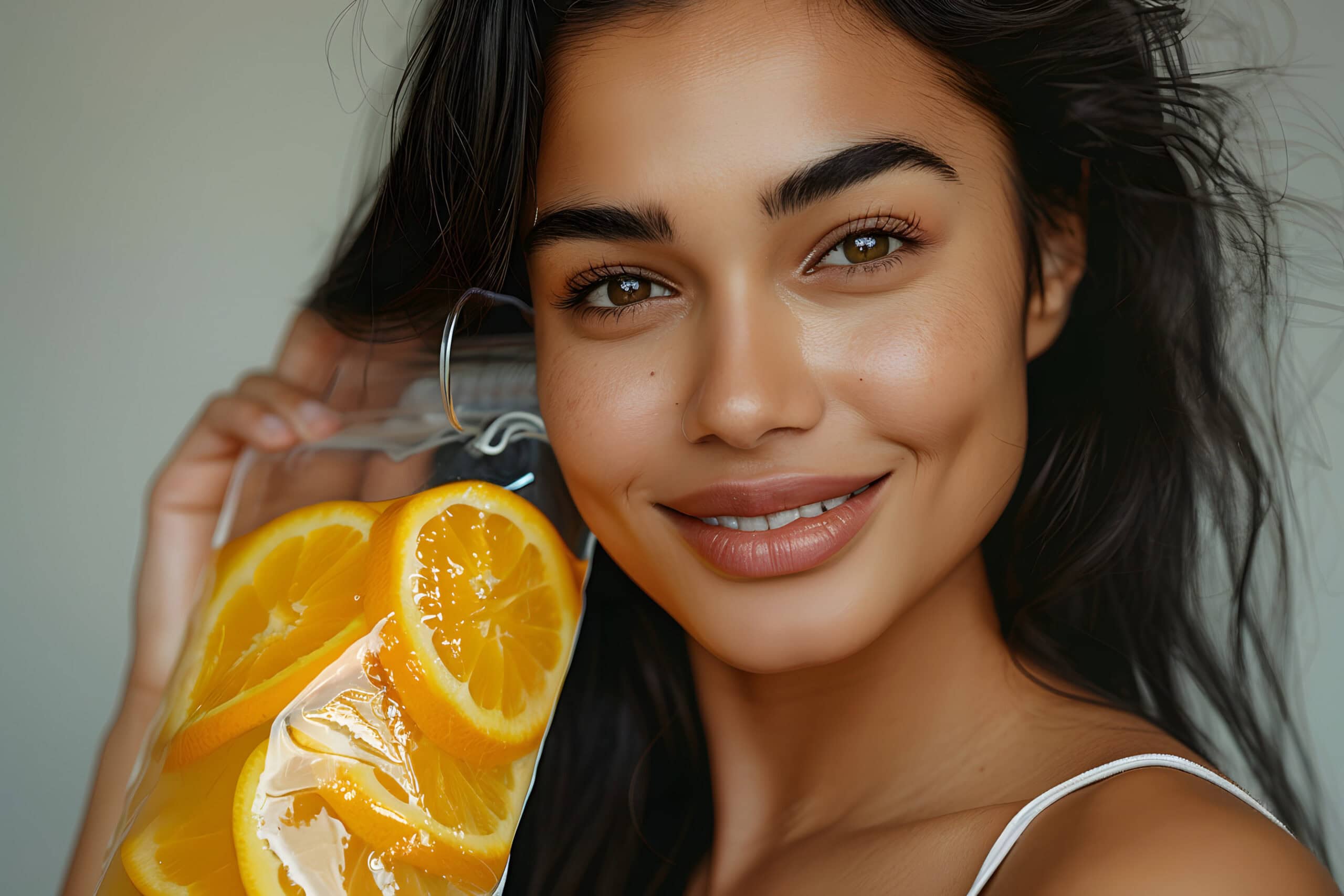 Fresh-faced woman holding a resealable bag of sliced oranges for wellness and hydration, representing health, vitality, and nutrient-rich options at The Wellness Drip INC.