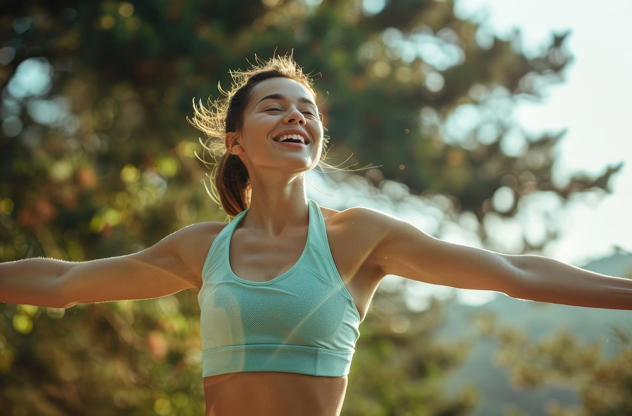 Relaxed smiling woman outdoors in sportswear, enjoying wellness and vitality, representing health, mental clarity, and energy.
