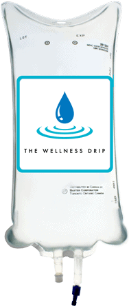 IV therapy infusion bag with Wellness Drip logo for ketamine, NAD+, ozone, vitamins, weight loss, and wellness treatments at The Wellness Drip Holyoke MA.