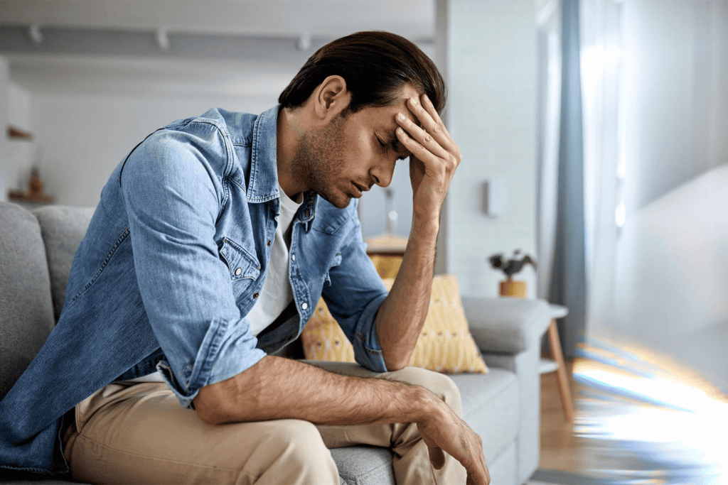 Image-of-man-in-blue-denim-jacket-sitting-on-grey-couch-with-head-in-his-hand-depressed-male-sitting-in-living-room.