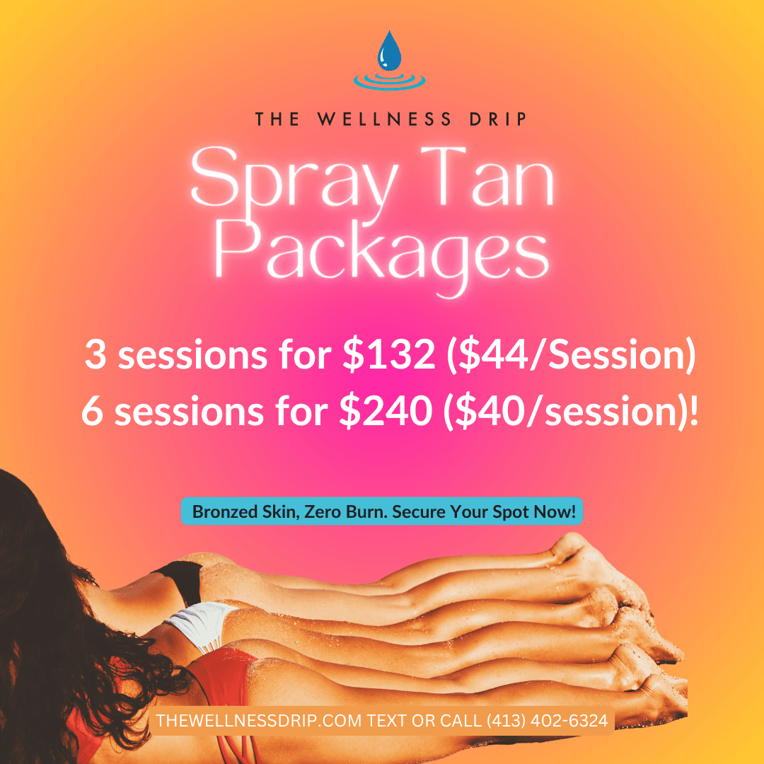 Bright and colorful promotional image advertising spray tan packages at The Wellness Drip, highlighting special pricing and benefits for glowing, bronzed skin.
