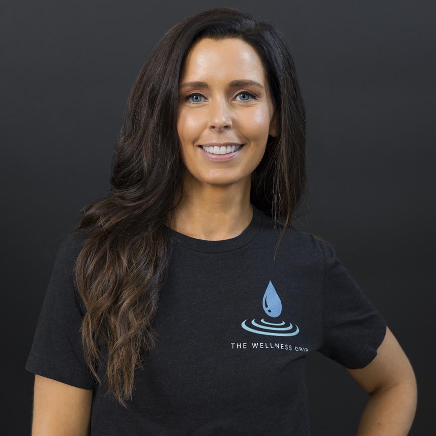 Katelyn Flores from Wellness Drip, promoting IV therapy and wellness services for pain, anxiety, depression, weight loss, and NAD+ infusions at The Wellness Drip MA.