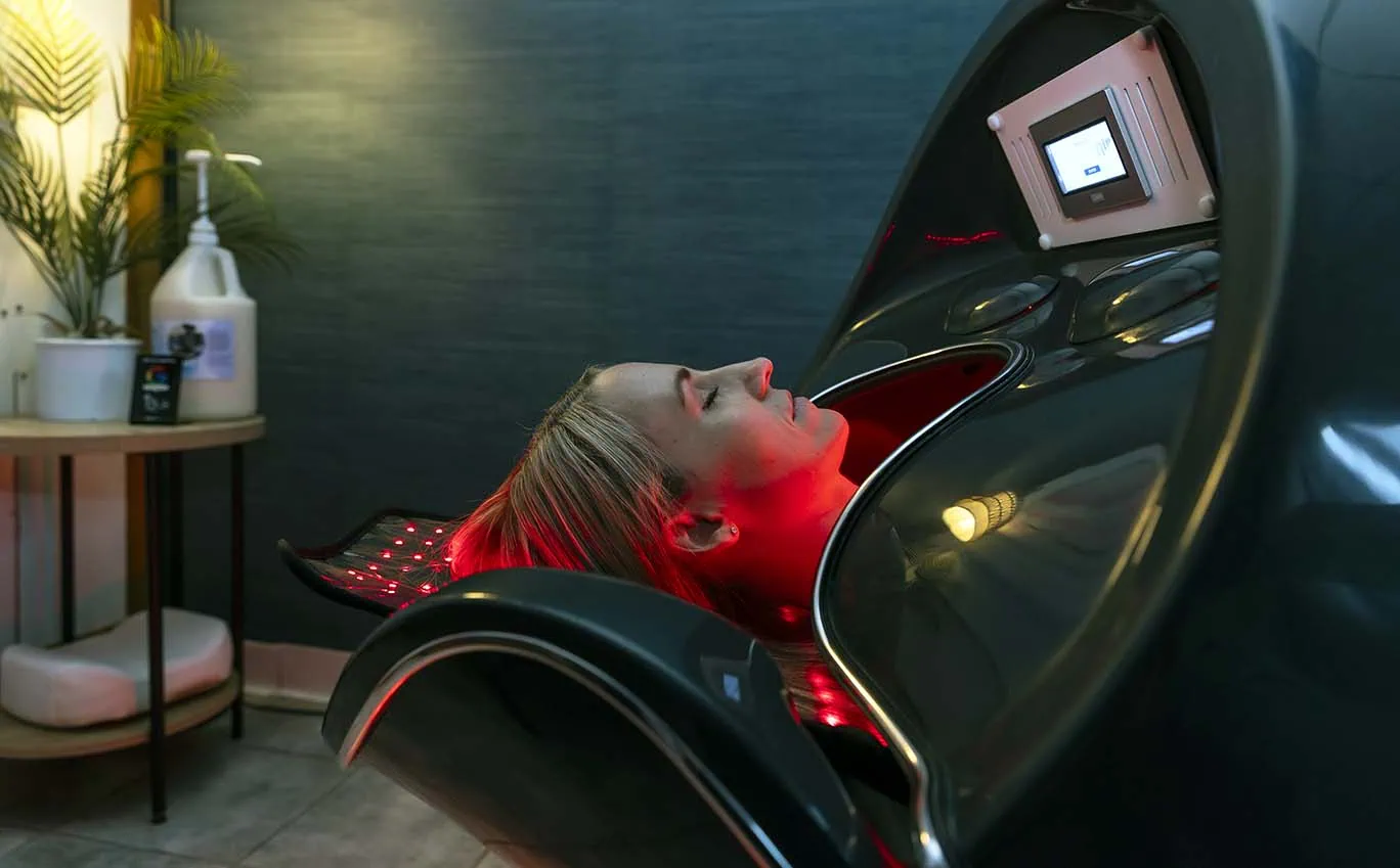Red light therapy session for wellness and pain relief at The Wellness Drip INC, a MA wellness clinic offering innovative Ketamine Therapy, NAD+ IVs, and weight loss treatments.