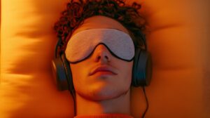 A young man relaxing with eye mask and headphones, experiencing wellness benefits of IV therapy and holistic health treatments at The Wellness Drip Holyoke.