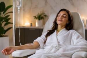 Relaxed woman receiving IV therapy at Wellness Drip Inc, a wellness clinic in MA offering ketamine therapy, weight loss, NAD+, ozone, and vitamin infusions for health and recovery.