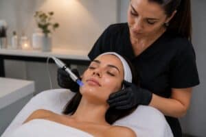 A woman receiving a facial treatment with a medical professional using a syringe in a wellness clinic setting in MA.
